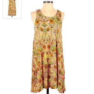 H&M Retro 70s Floral Sleeveless Shift Dress Pink Yellow Women's Small S Boho EUC